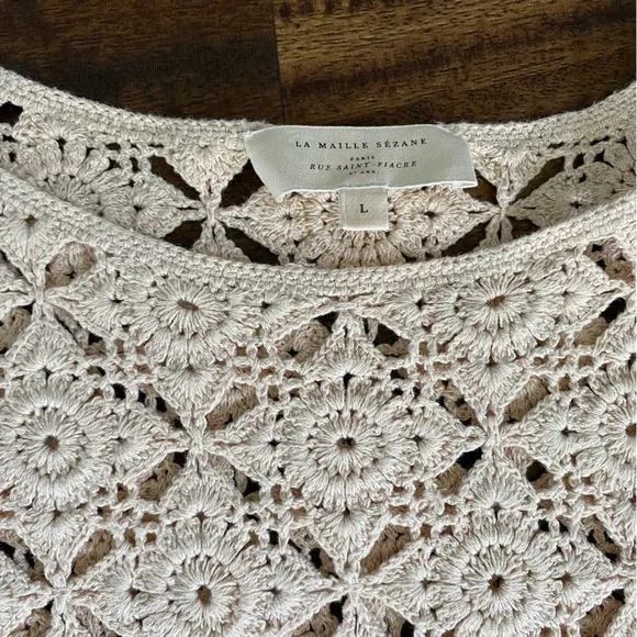 Sezane Dorine Crochet Top 100% Cotton Large Beige Lace Cottagecore Grandmacore - Picture 4 of 14